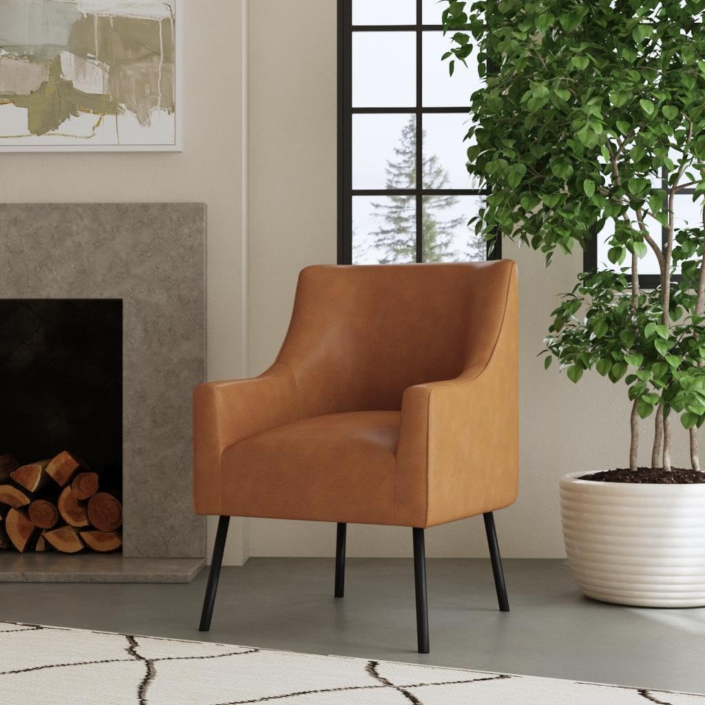 HomePop Modern Accent Chair, Home Décor, Accent Chairs for Living Room & Bedroom, Fabric Reading Living Room Side Chair, Single Sofa with Lounge Seat and Metal Legs- Carmel Faux Leather