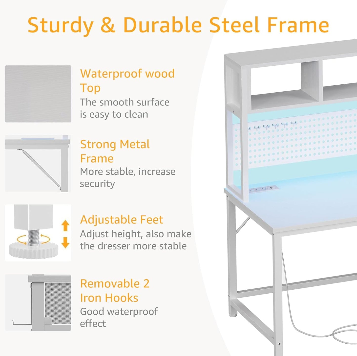 White Computer Desk with Hutch and Pegboard - Computer Desk with Power Outlets, 47 Inch Modern Study Teen Desk with Pegboard Storage Bag, Hooks and Side Bag,Writing Desk for Bedroom Home Office
