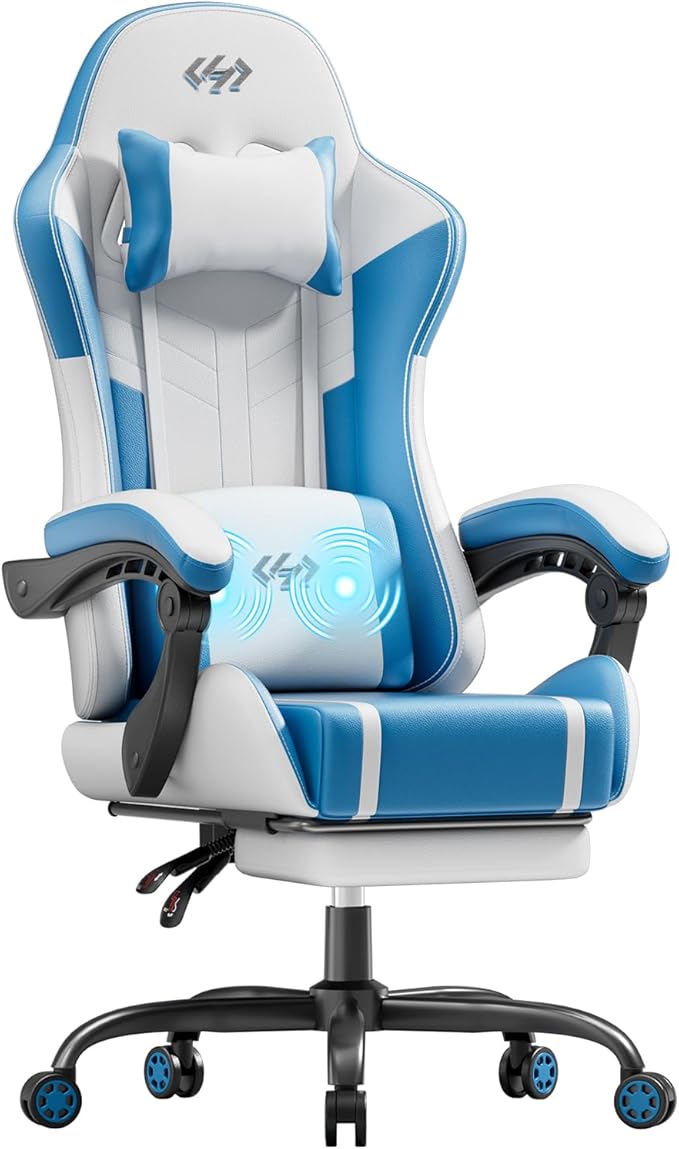 HLDIRECT Gaming Chair, Ergonomic Video Game Seat with 360° Swivel & Lumbar Massage, Computer Chair PU Leather Cushion for Adults Home/Office Use (Whtie & Blue)