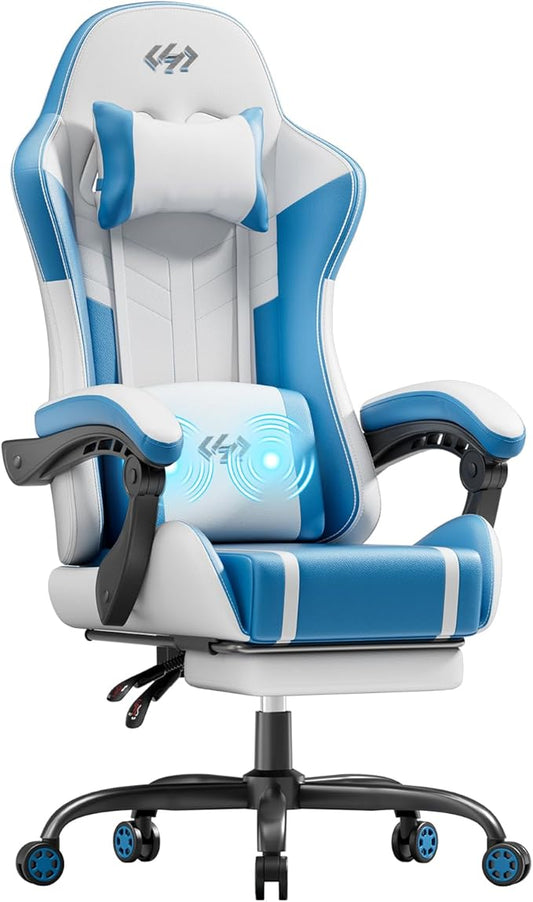 HLDIRECT Gaming Chair, Ergonomic Video Game Seat with 360° Swivel & Lumbar Massage, Computer Chair PU Leather Cushion for Adults Home/Office Use (Whtie & Blue)