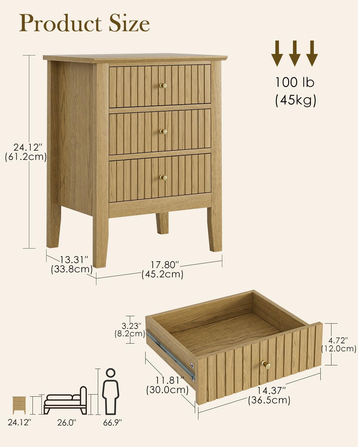 Fluted Nightstand, Farmhouse Night Stand with 3 Drawers, Mid Century Modern Side Accent Table,Bedside End Table for Bedroom, Living Room, Oak