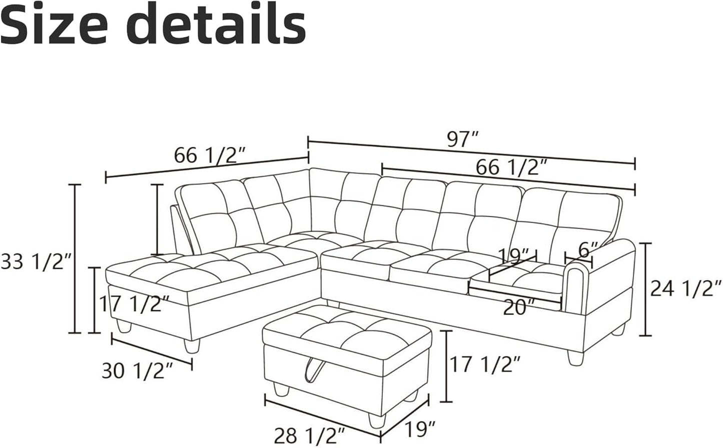 L Shaped Sectional Couches for Living Room, Modern Modular Sectional Sofa with Ottoman Storage, Comfy L Shaped Couch with Chaise for Bedroom Apartment Furniture, Gray