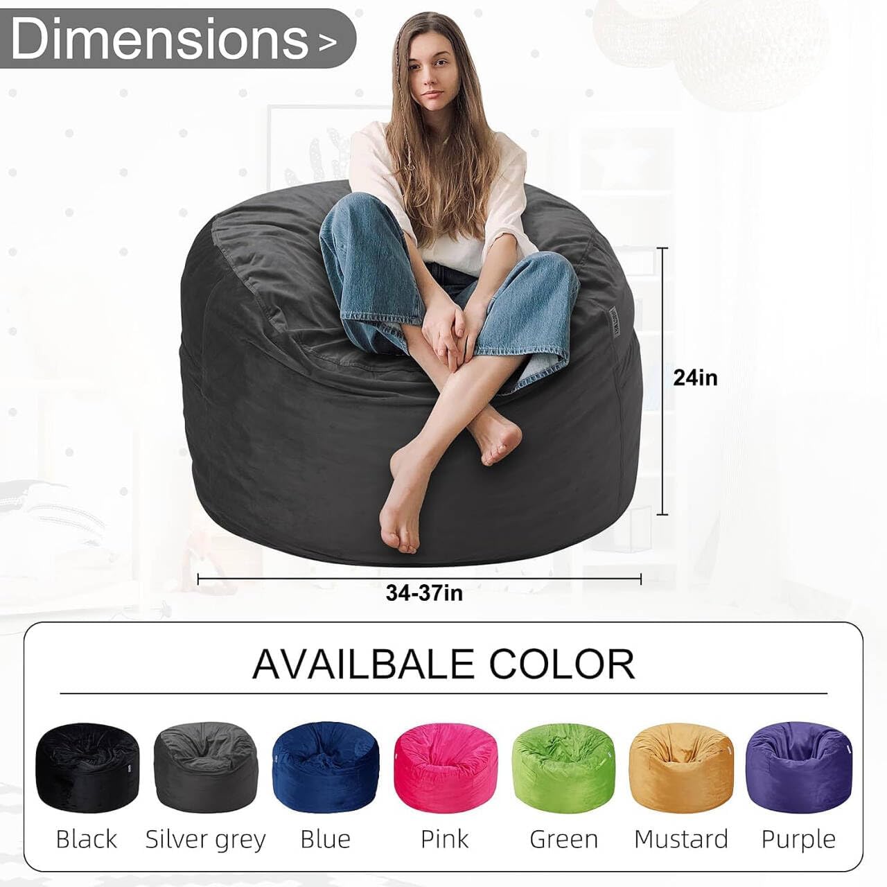 HABUTWAY Bean Bag Chair 3Ft Luxurious Velvet Ultra Soft Fur with High Rebound Memory Foam Bean Bag Chairs for Adults Plush Lazy Sofa with Fluffy Removable Sponge 3' (Grey)