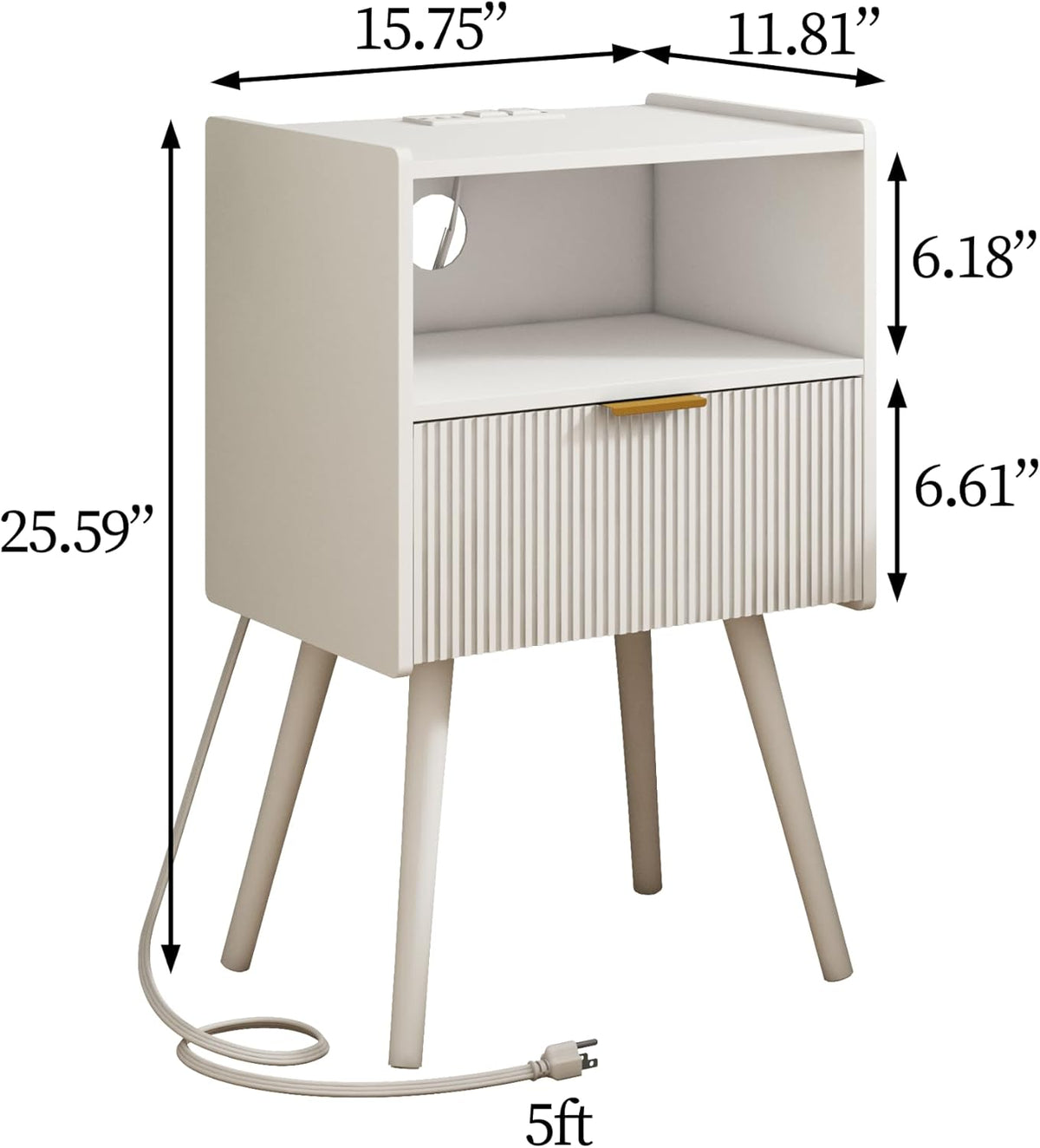 White Nightstand with Outlet,Modern Bedside Table with Storage Drawer and Open Wood Shelf, for Living Room, Bedroom and Small Spaces, Accent Night Stand with Solid Wood Legs, Easy Assembly
