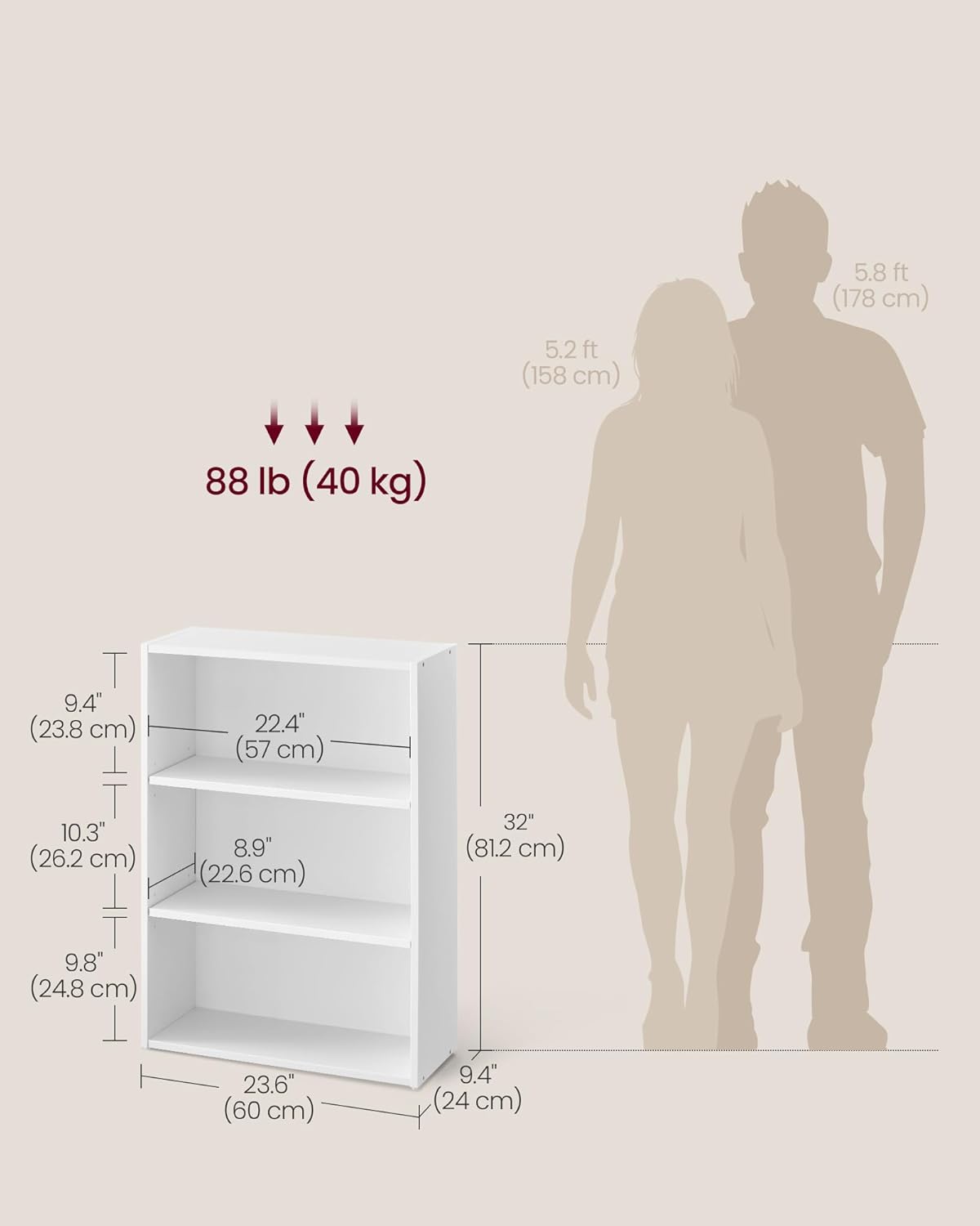 VASAGLE CUSTOS Collection - Bookshelf, 3-Tier Bookcase, Book Shelf, Open Storage Shelf, 9.4 x 23.6 x 32 Inches, for Living Room, Home Office, Dinning Room, Cloud White ULBC163T14