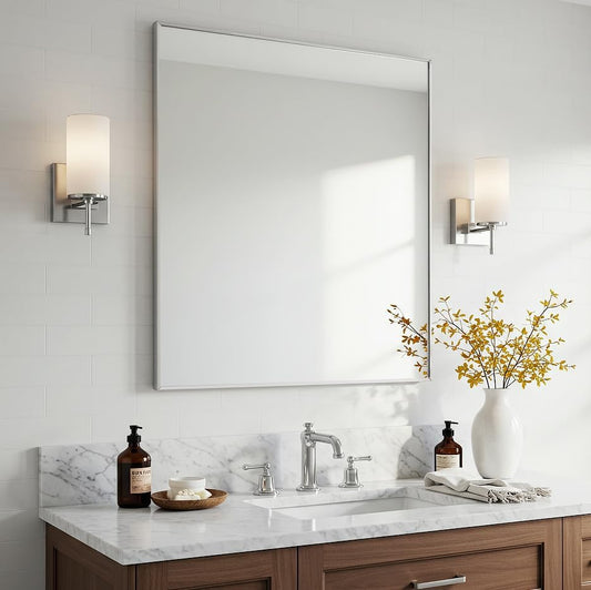 30x36 Inch Silver Bathroom Mirror - Copper-Free Mirror, Aluminum Alloy Frame Vanity Rectangle Wall Mounted Modern Mirror for Bedroom/Living Room/Porch Horizontal or Vertical
