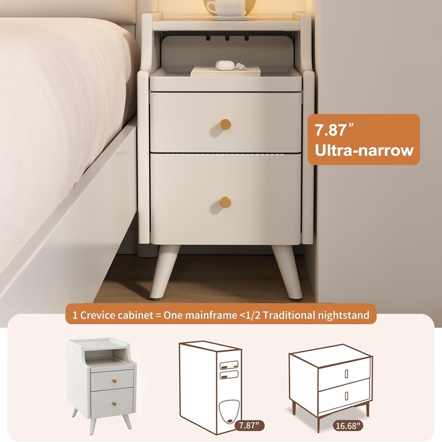 Wood Nightstand, White Nightstand with 2 Drawers, Bedside Table for Bedroom