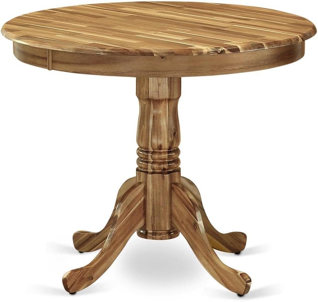 East West Furniture ANFL3-ANA-04 3 Piece Kitchen Table Set Contains a Round Dining Room Table with Pedestal and 2 Light Tan Linen Fabric Upholstered Chairs, 36x36 Inch, Natural