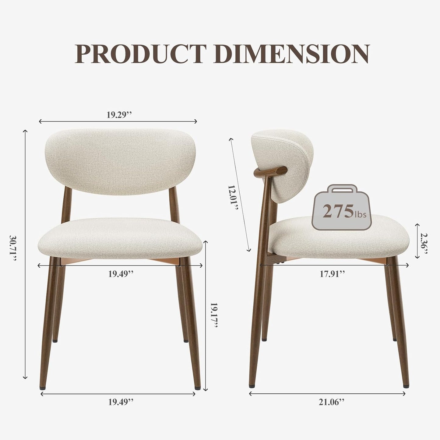 Dining Chairs Set of 2, Ergonomic Fabric Upholstered Seating with Wood Look Metal Legs and Anti Slip Pads, for Home and Restaurant Use, Beige
