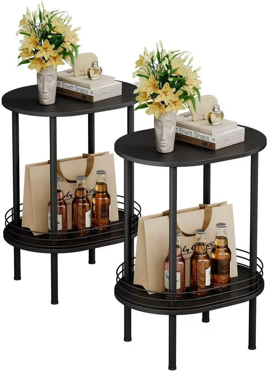Round Side Table Set of 2,Bedside Table with Storage, Morden Round Nightstand, Samll Side Table for Living Room，Bathroom，Bedroom, Nursery, Laundry, Black