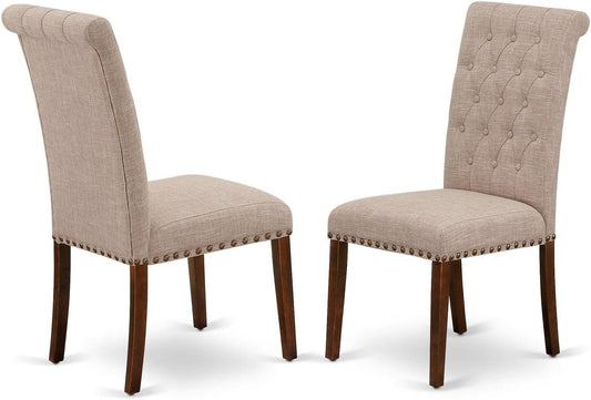 East West Furniture BRP3T04 Bremond Parson Dining Room Chairs - Button Tufted Nailhead Trim Light Tan Linen Fabric Padded Chairs, Set of 2, Mahogany