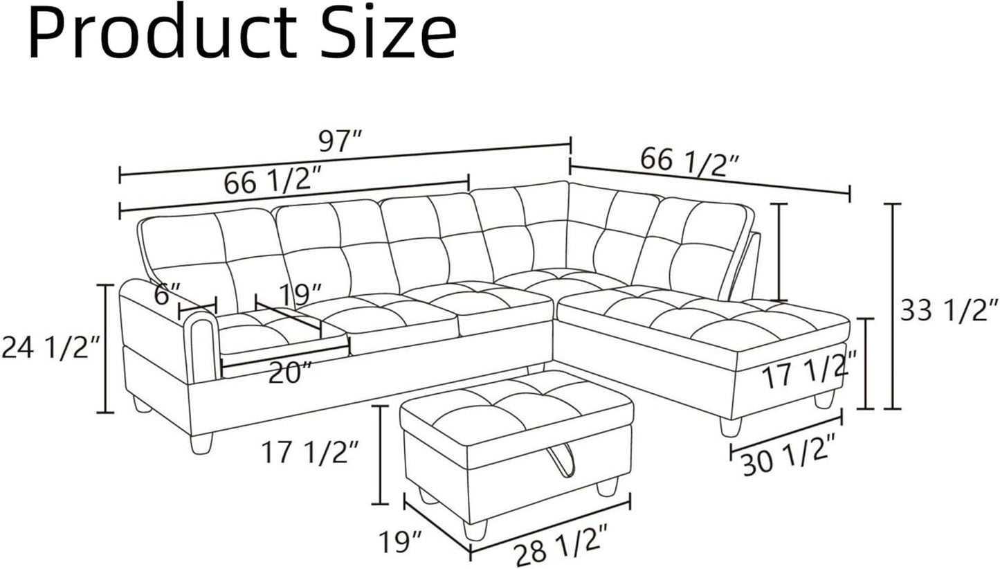 Convertible Leather Sectional Couch, Modern L Shaped Couch with Storage, Large Modular 5-Seat Sectional Sofa with Ottomans for Living Room and Office, Dark Grey