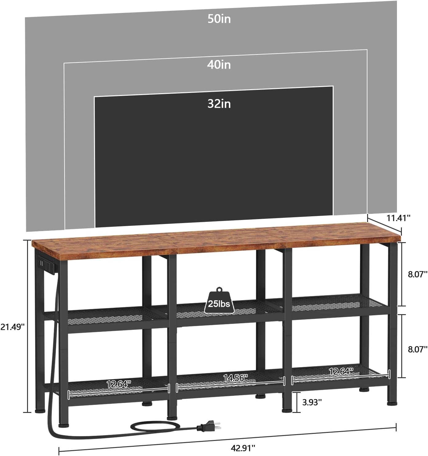 Furologee TV Stand with Power Outlets, Small Entertainment Center with Open Storage Shelves, Media Console Center for TVs up to 50 Inch, Television Stands for Living Room/Bedroom, Rustic Brown