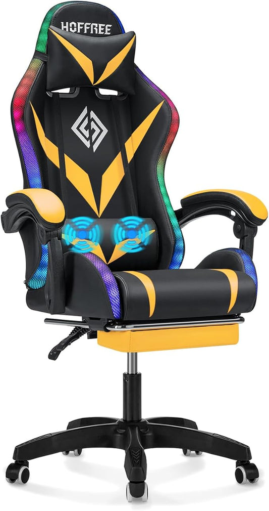 HOFFREE RGB Gaming Chair with Speakers and Massage Ergonomic Computer Chair with Lights and Footrest Reclining Video Game Chairs for Adults Yellow and Black