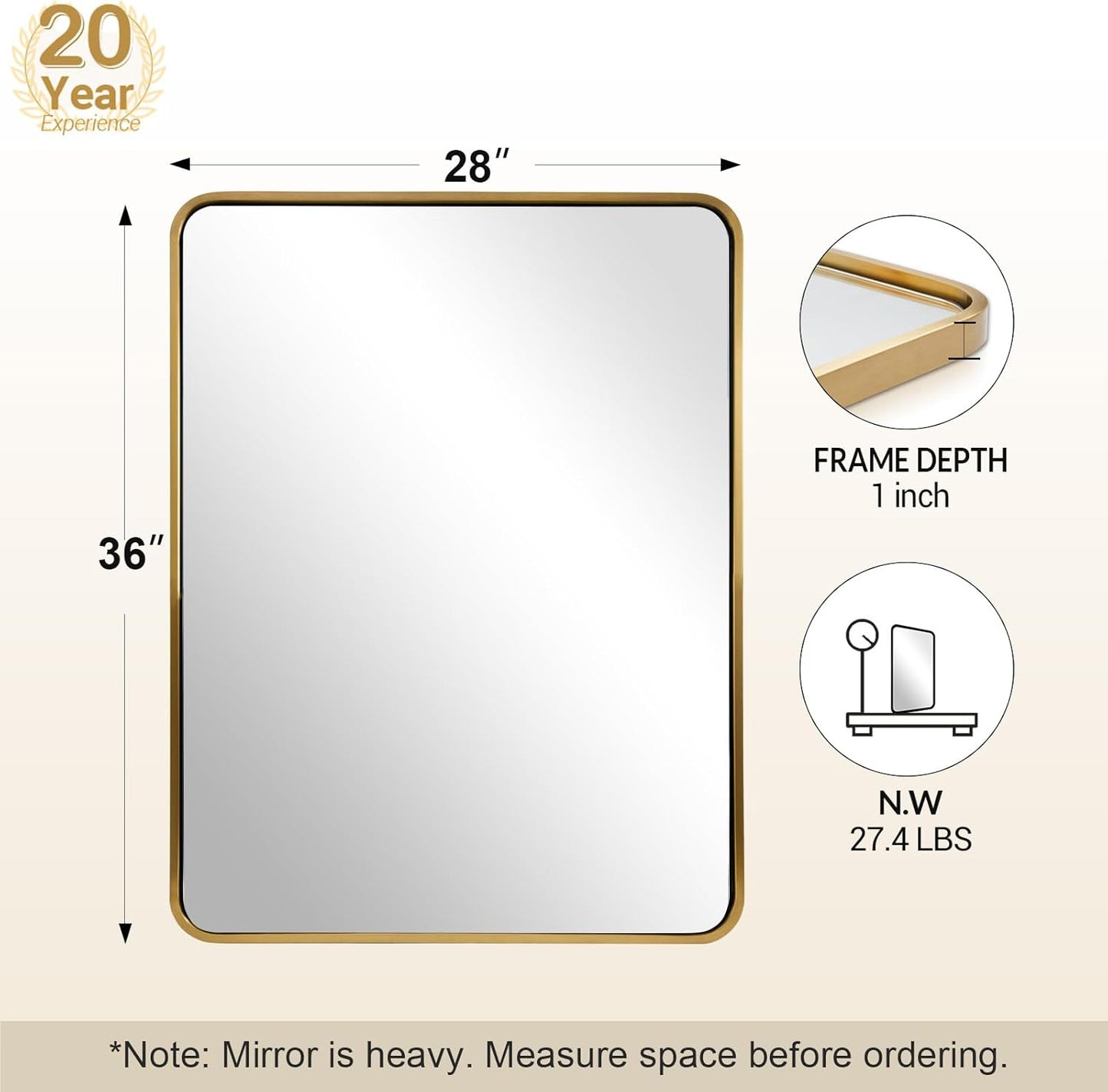 ANDY STAR 28x36 INCH Gold Mirror Bathroom, Brushed Gold Mirrors for Wall in Anti-Rust SUS304 Tube Metal Frame, Rounded Rectangle Mirrors 1’’ Deep Wall Mounted Vertically/Horizontal for Bathroom
