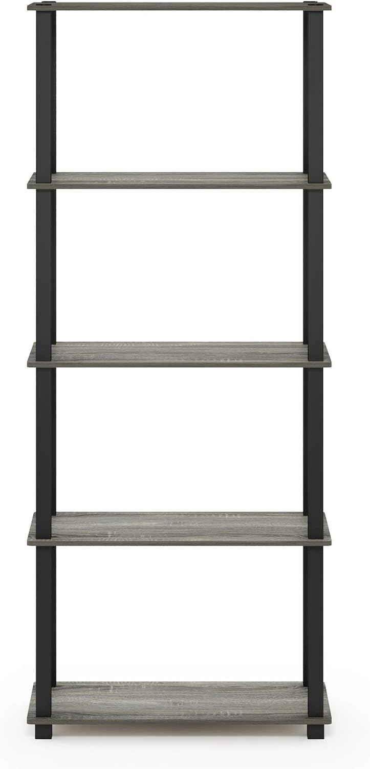 Furinno Turn-N-Tube 5-Tier Multipurpose Shelf / Display Rack / Storage Shelf / Bookshelf, Square Tubes, French Oak Grey/Black