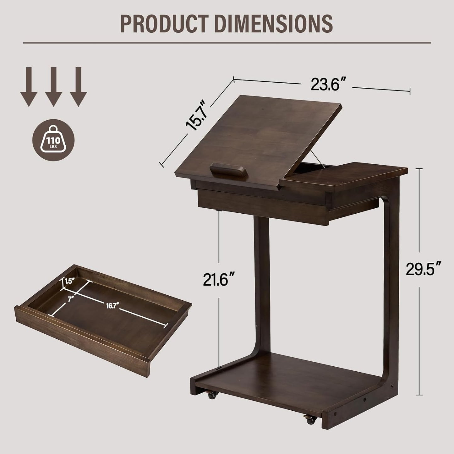 CozyDH Rolling Side Table with Wheels, Adjustable C Shaped End Table for Couch, Solid Wood TV Tray Sofa Arm Table for Eating Multi-Purpose, Small Coffee Table Living Room Bedroom, Walnut