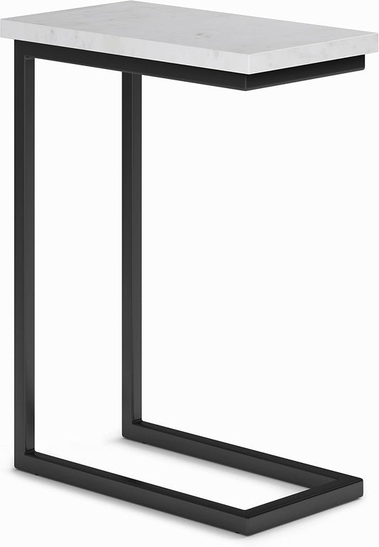 SIMPLIHOME Skyler 18-inch Wide Metal Table in White/Black, C-Shaped Industrial-Style Side Table with Genuine Marble Top for Living Room, Bedroom, or Home Office