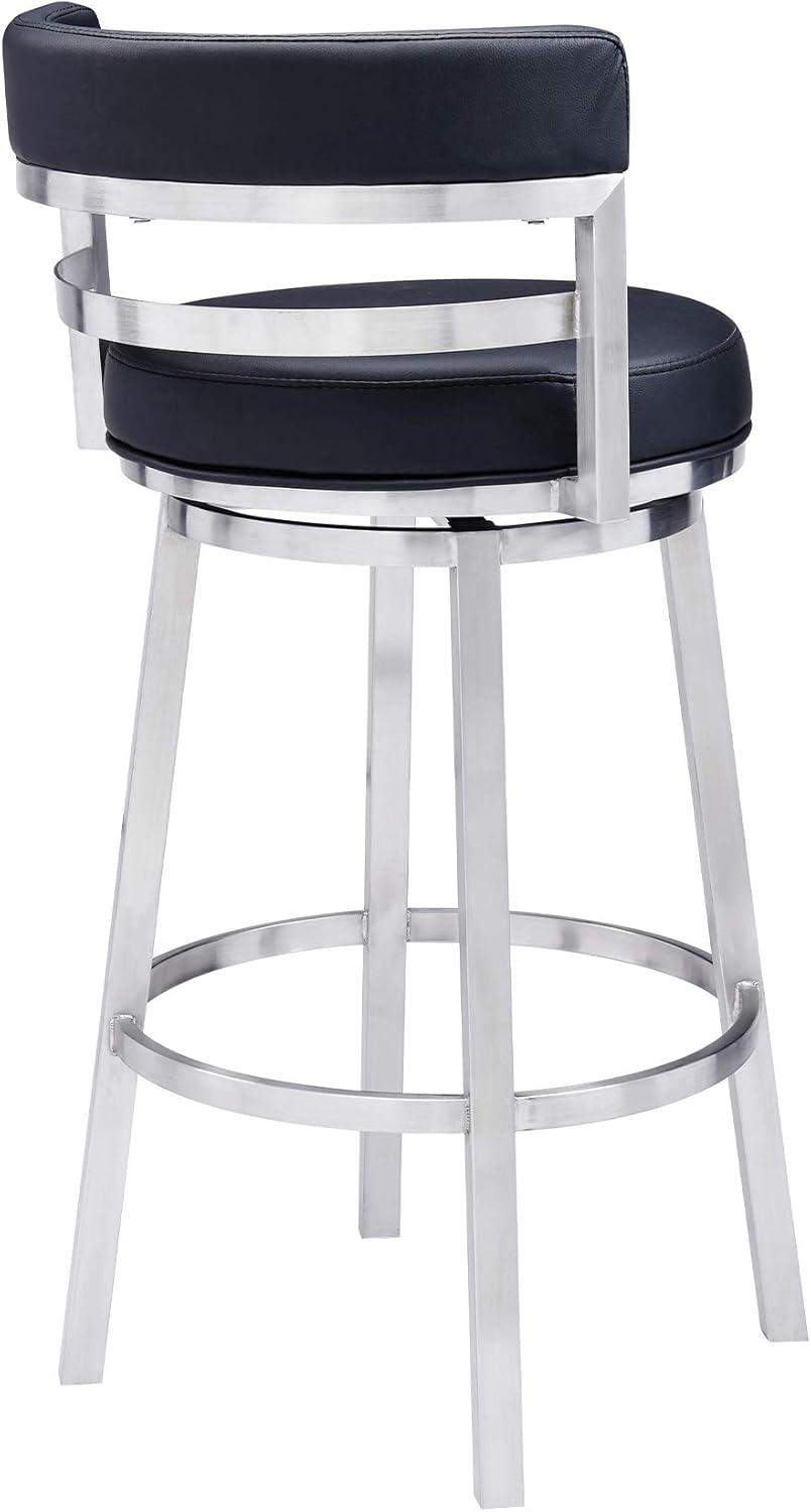 Armen Living Titana 30" Bar Height Swivel Black Faux Leather and Brushed Stainless Steel Bar Stool