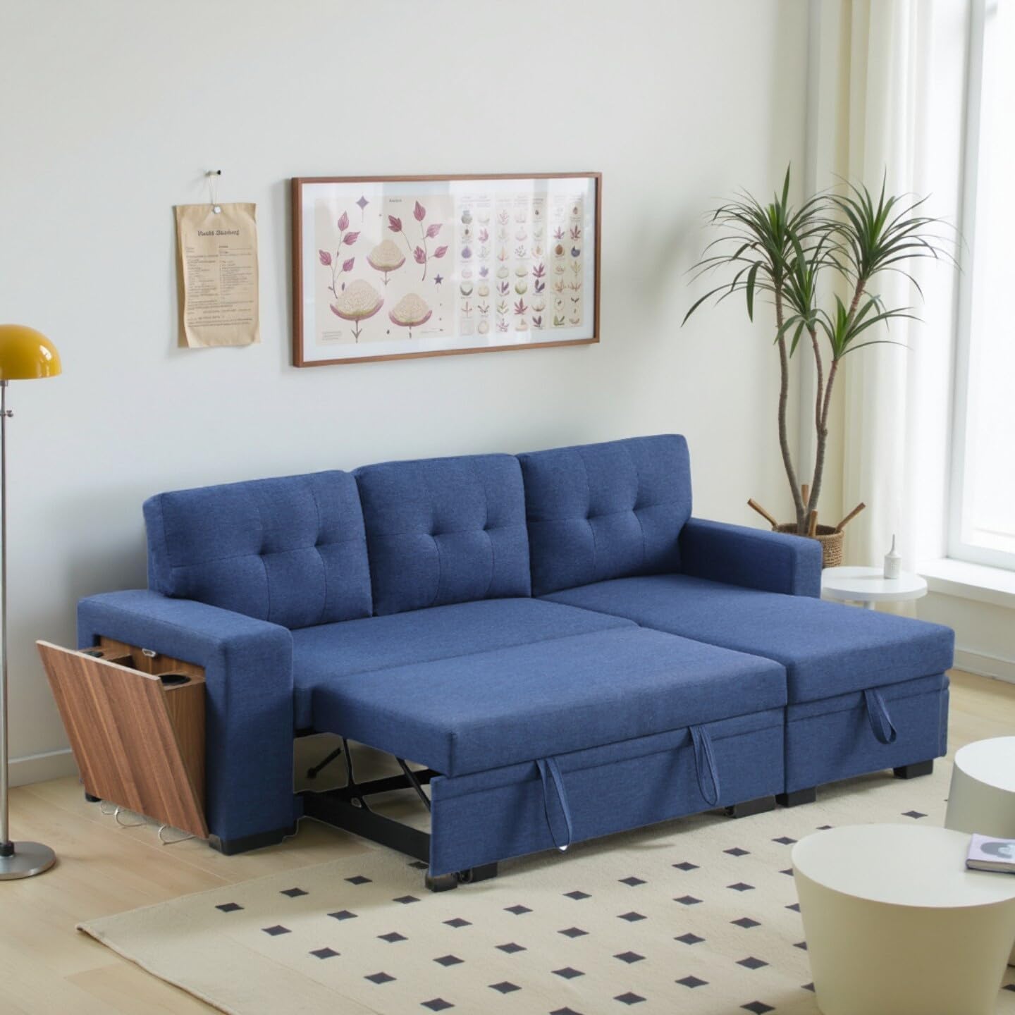 L-Shape Sofa Bed, 92" Sectional Couch with Storage Chaise, Pull Out Sleeper Sofa with Side Compartment, Convertible Corner Couch for Living Room Apartment, Blue