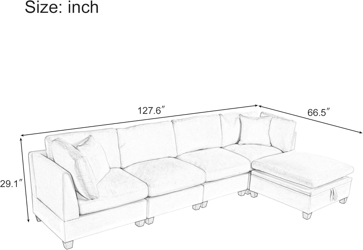 127.6 Inch 5-Seat Modular Convertible Sectional Sofa with Removable Storage Ottoman and 2 Hidden Cupholder, L-Shaped Upholstery Corner Couch for Living Room Apartment Office, Beige