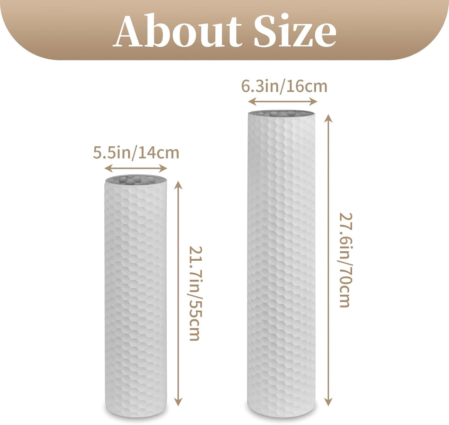 Sziqiqi White Tall Vases for Floor: 27.6/21.7in Metal Cylinder Handmade Flower Holder Extra Large Decorative Vase Set of 2 Modern Honeycomb Texture Big Standing Vase for Living Room Home Corner
