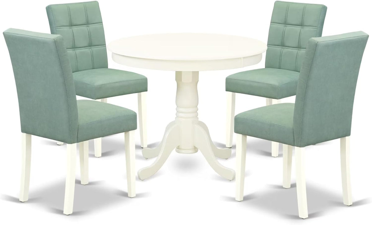 East West Furniture ANAS5-LWH-43 5 Piece Dinner Table Set contain A Wooden Table and 4 Willow Green Polyester Fabric Kitchen Chairs with Stylish Back- Linen White Finish