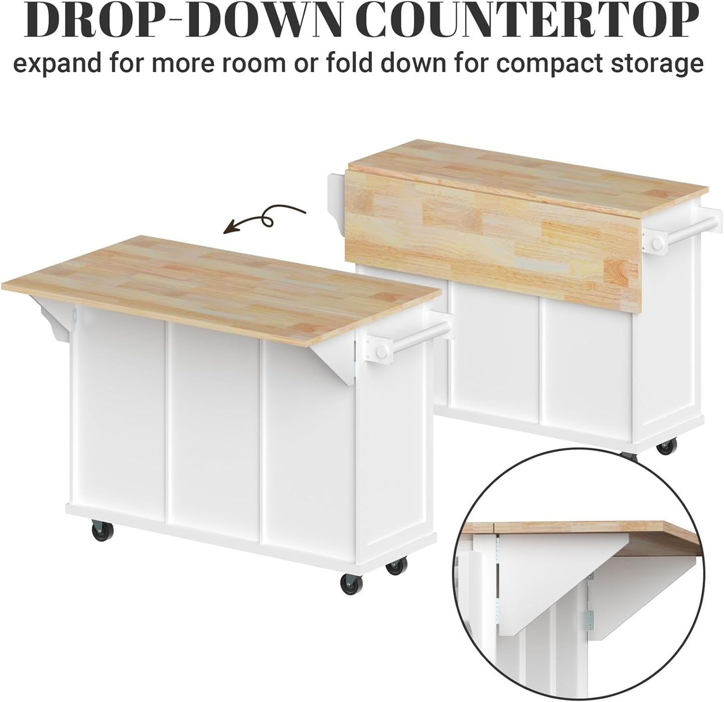 Rovibek Kitchen Island with Drawers 53 in Rolling Island Cart Mobile Solid Wood Portable Islands on Wheels with Storage Cabinet & Drawers, White