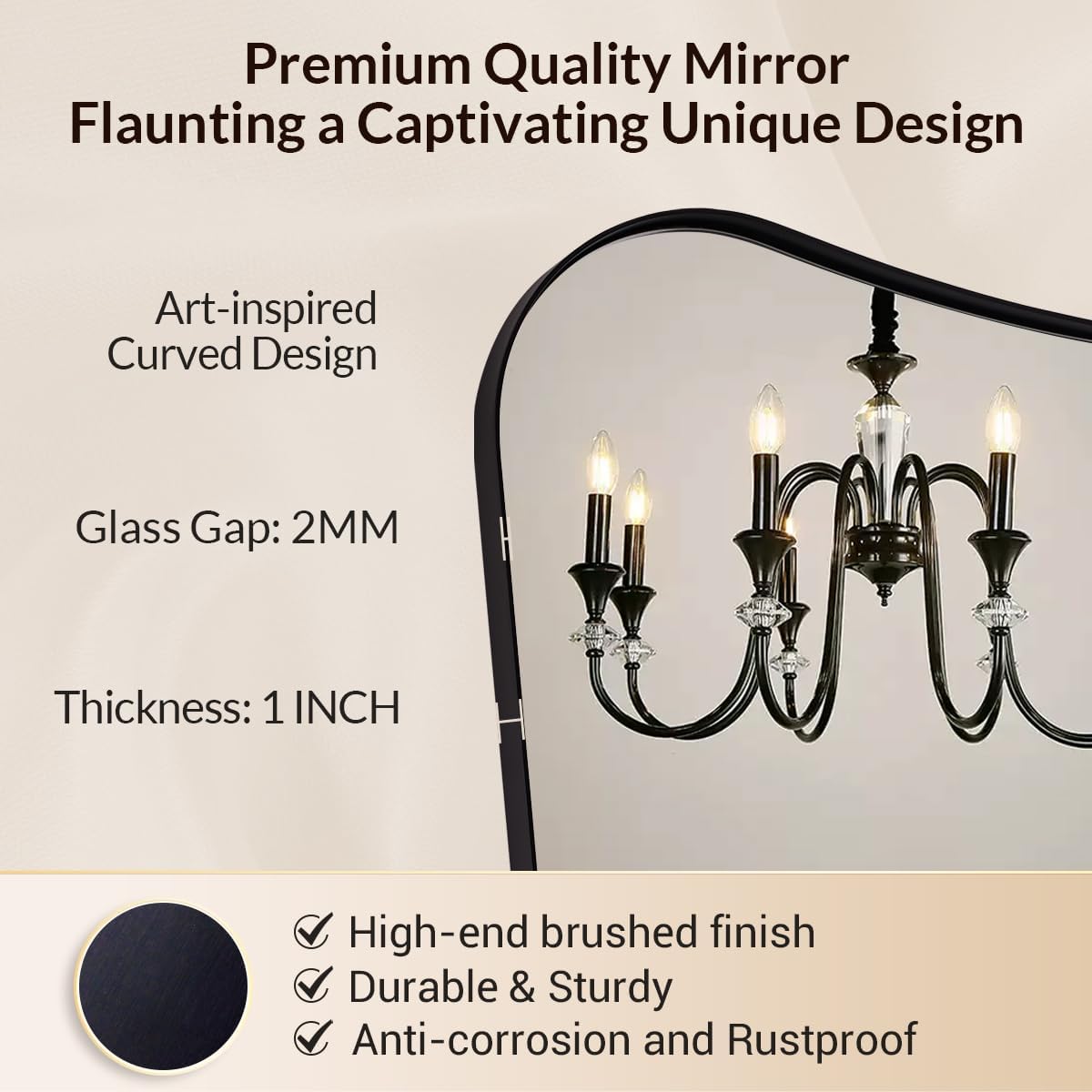 24x40 Black Mirror, Irregular Shaped Mirror with Curved Edge Design, Asymmetrical Bathroom Mirror, Wall Mounted Decorative Mirror for Powder Room, Foyer, Master Room, Hangs Vertical Only