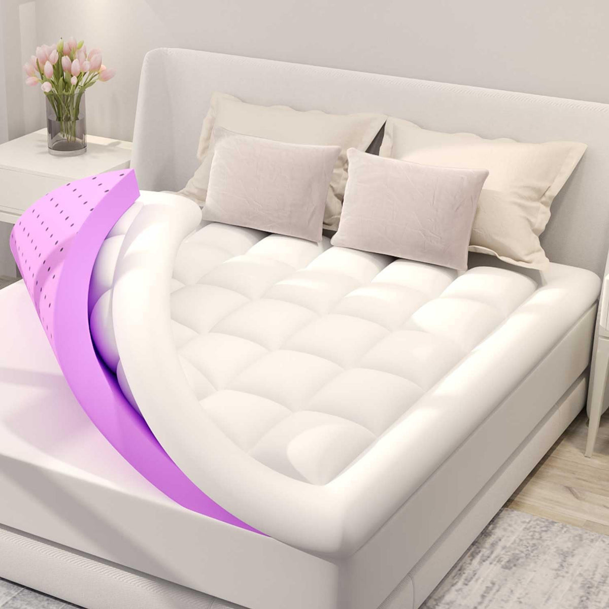 BDEUS Dual Layer 5 Inch Memory Foam Mattress Topper California King Size, 2 Inch Gel Memory Foam Plus 3 Inch 1450 GSM Down Alternative Quilted Pillow Top Mattress Pad Cover,White