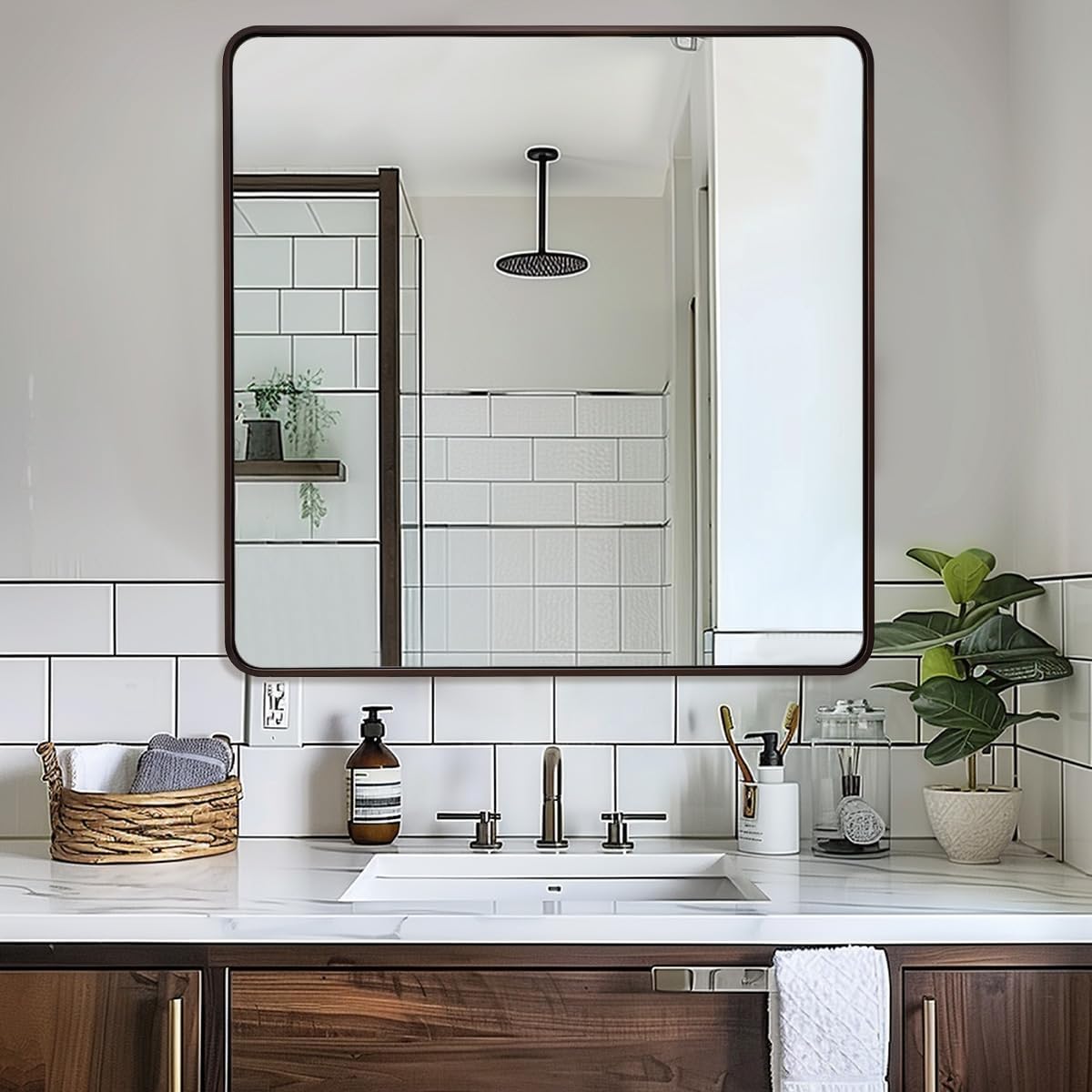 ANDY STAR 36x36 Inch Bronze Bathroom Mirror, Rounded Square Oil Rubbed Bronze Mirrors for Bathroom,Tube Metal Framed, 1’’ Deep Wall Mounted Vertically/Horizontal