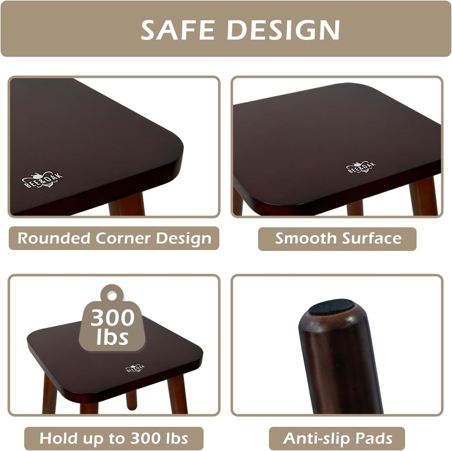 BEE&OAK Wooden Step Stools for Adults, Solid Rubber Wood Non-Slip Step Foot Stool, Heavy Duty 300 lbs One Step Stool for Bedroom, Bathroom, Kitchen,Outdoor (Dark-Walnut, 11" (D) x 11"(W) x 11.8"(H))