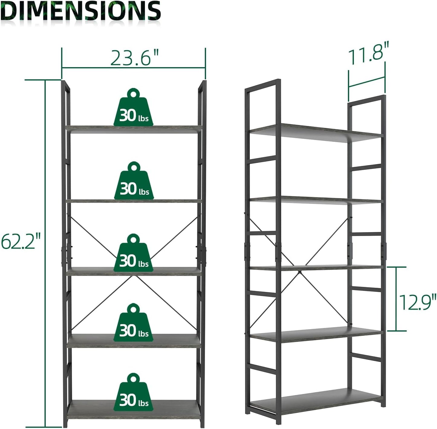 OTK 5 Tier Bookshelf, Tall Bookcase, Office Shelf Storage Organizer, Modern Book Shelf for Living Room, Bedroom, and Home Office, Dark Grey