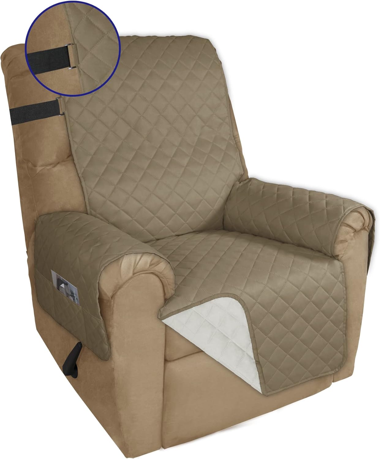 PureFit Reversible Sofa Cover Water Resistant Recliner Couch Cover, Machine Washable Furniture Cover with Adjustable Strap for Dogs, Pets (Recliner, Beige/Ivory)