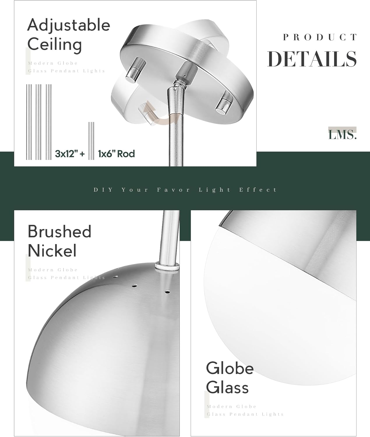 LMS Brushed Nickel Pendant Lights Kitchen Island, 8" Modern Globe Pendant Light Fixtures with Milk White Glass, Adjustable Hanging Lighting for Kitchen Island Sink Bedroom Bathroom, LMS-203