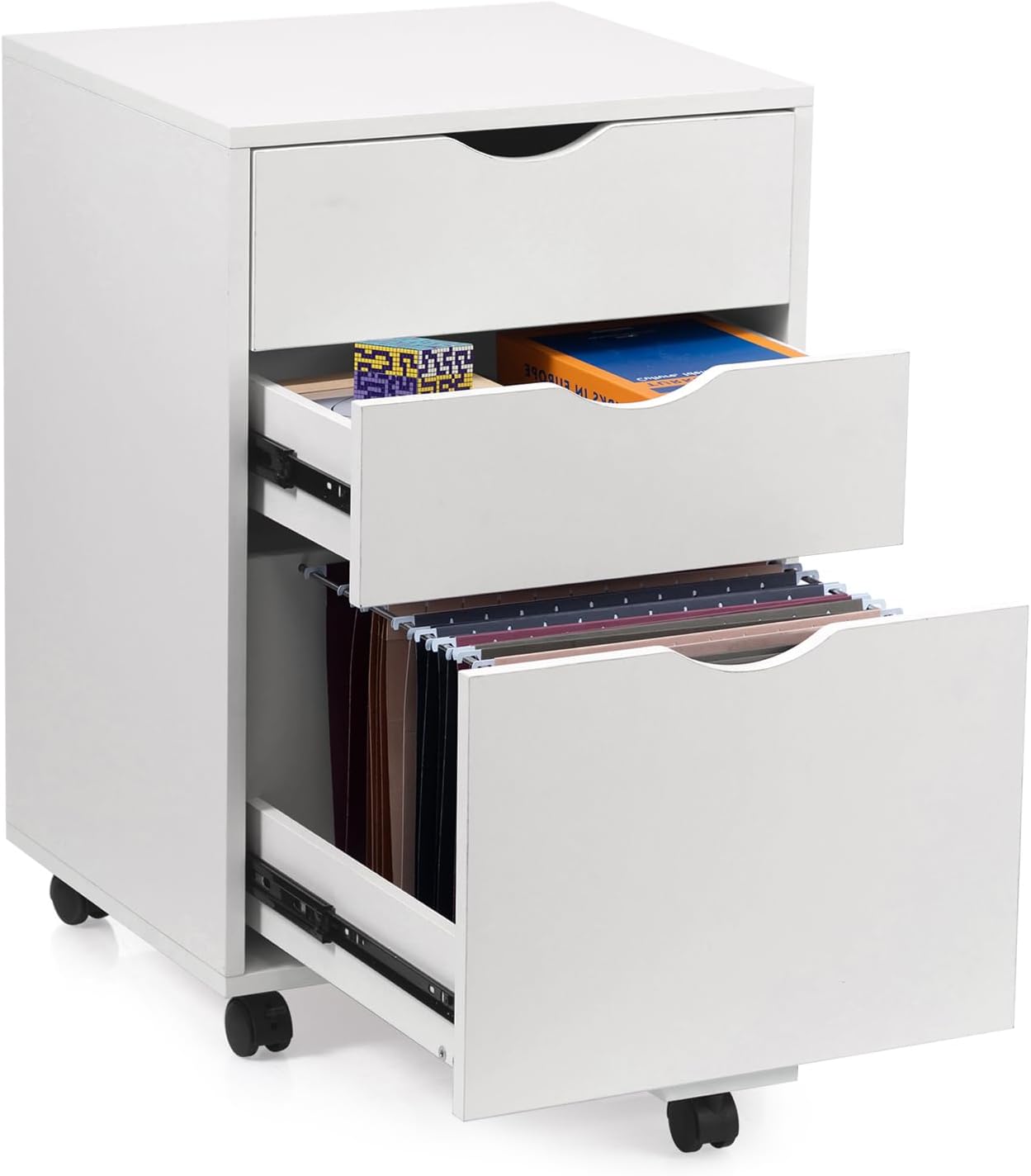 HollyHOME 3-Drawer Wood File Cabinet, Under Desk Cabinet for Home Office, Rolling Storage Shelf for Home, Printer Stand, for A4, Letter-Size, 11.8in Hanging File Folders, White