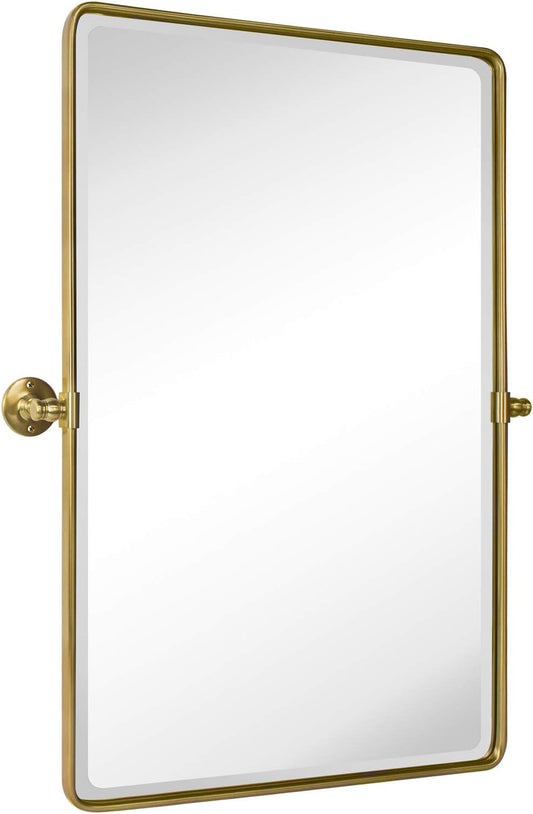TEHOME 27 x 35'' Gold Pivot Mirror Brushed Champagne Gold Tilt Rectangle Bathroom Mirror Tilting Beveled Vanity Mirrors for Wall