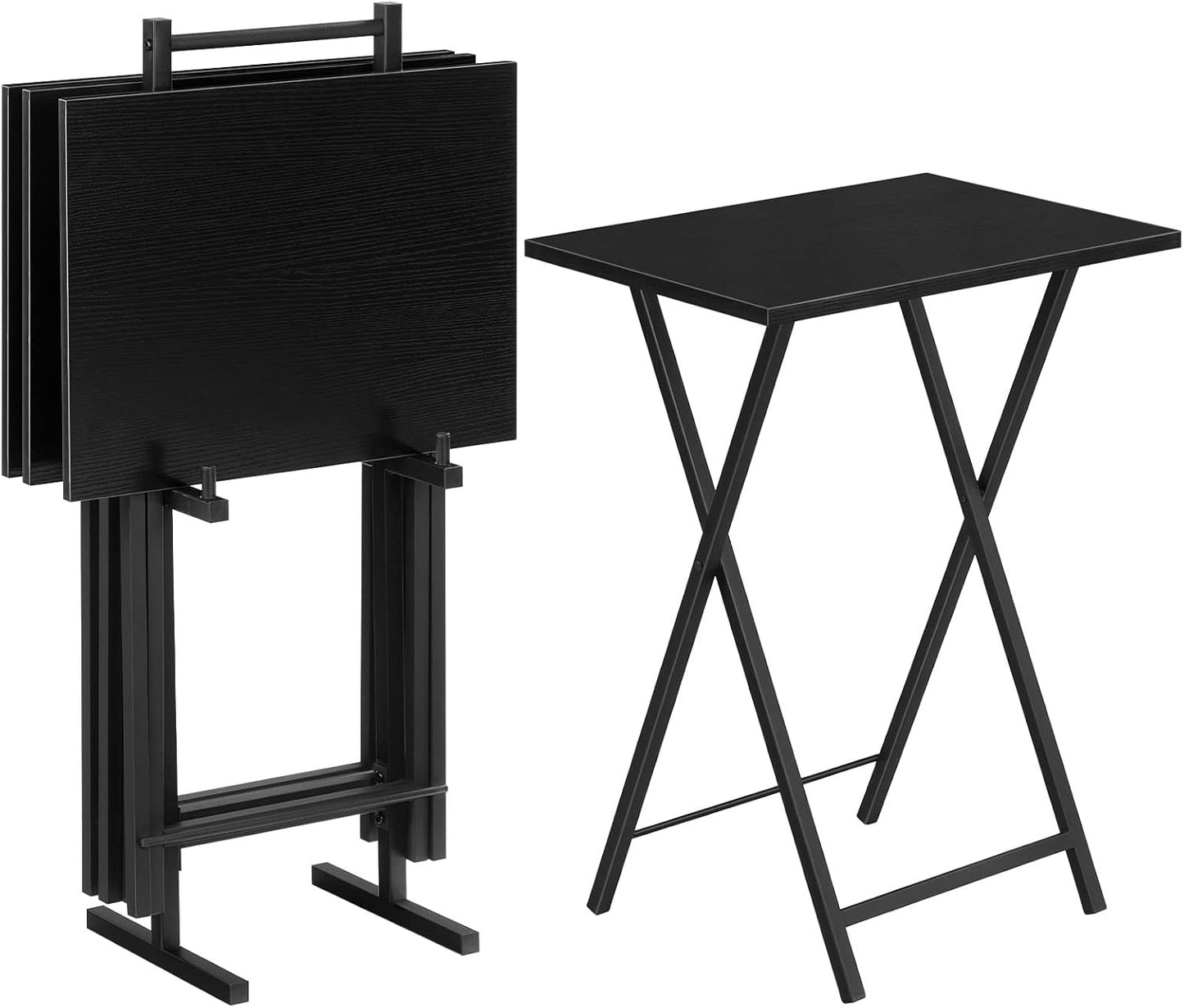 HOOBRO Folding TV Tray Tables, Set of 4 TV Trays with Storage Rack, Industrial Side Table for Eating at Couch, Foldable Snack Table for Small Space, Easy Assembly, Black BK50BZ01