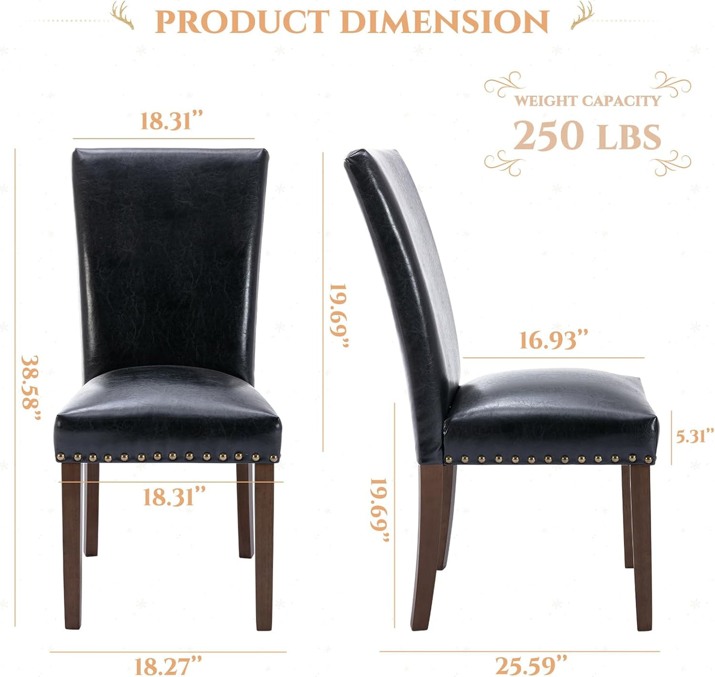 Parsons Dining Chairs Set of 6, Upholstered Nailhead PU Leather Dining Room Kitchen Side Chair with Thick Cushions and Wood Legs, Black
