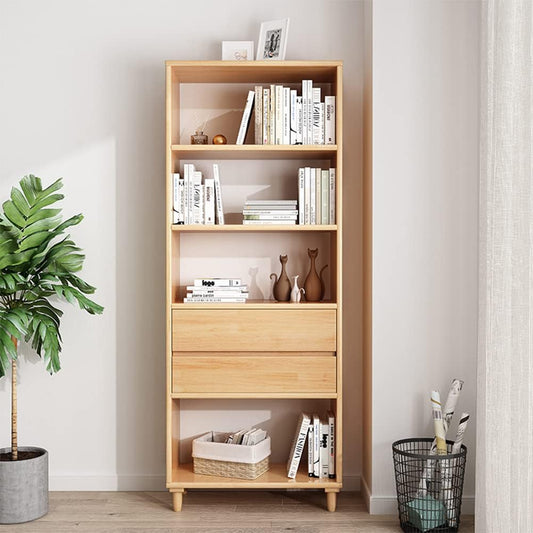 IOTXY Oak Mid-Century Bookcase with Legs - 67" Tall Open Shelves Cube Billy Bookshelf with Double Drawers for Home and Office