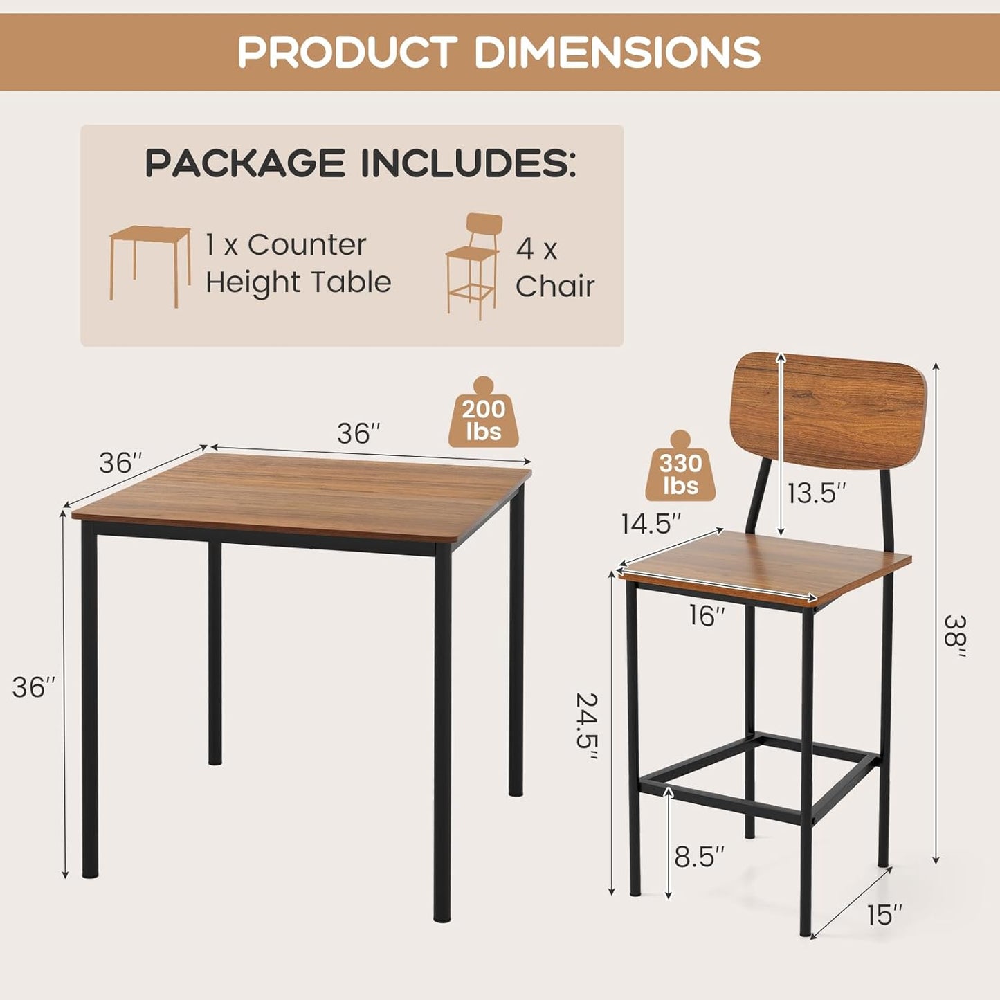 Tangkula Bar Height Table and Chairs, Counter-Height Dining Table Set, Pub Table and Chairs Set of 4, Space-Saving Dinette Set for Breakfast Nook