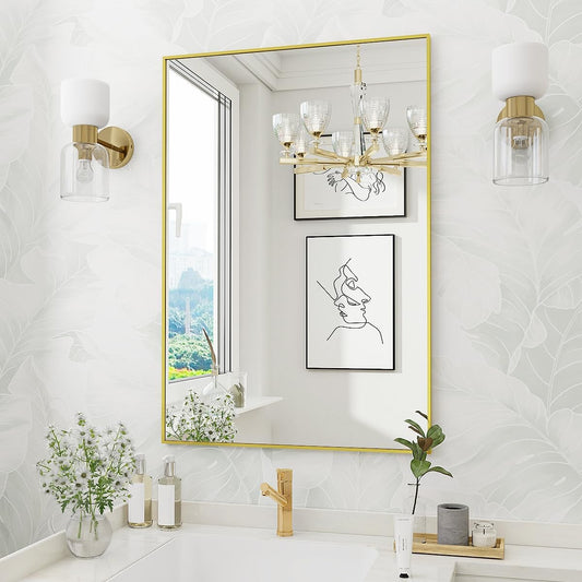 Koonmi Gold Rectangle Wall Mirror, 24x32 Inch Bathroom Mirror, Aluminum Frame Vanity Mirror for Entryway, Living Room, Bedroom Bathroom, Hangs Horizontally or Vertically