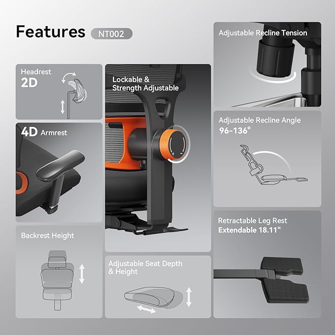 Newtral Office Chair Ergonomic - Home Office Desk Chair, Back Pain Chair with Auto-Following Lumbar Support, 4D Armrest, Seat Depth and Height Adjustable (Foot Rest + Laptop Tray, Black)