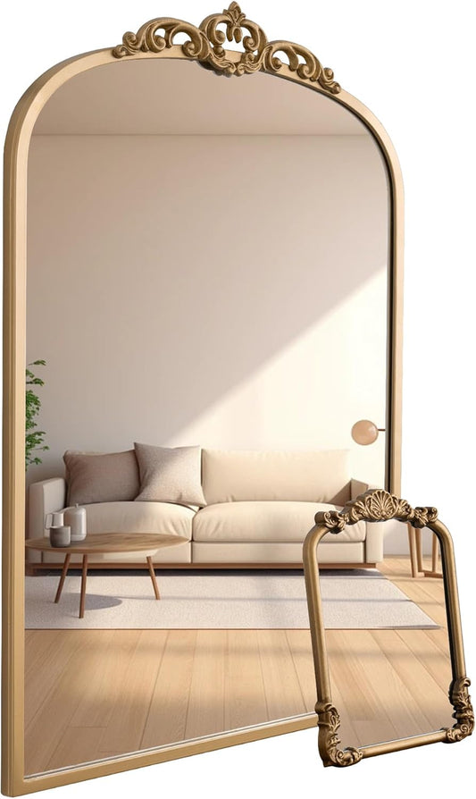 1 Set Vintage Mirror 20x30 Gold Antique Baroque Arched Ornate Traditional Brass Mirror and 8.5x12 Vintage Vanity Makeup Desk Table Mirror for Bathroom Entryway Living Room Hallway Fireplace