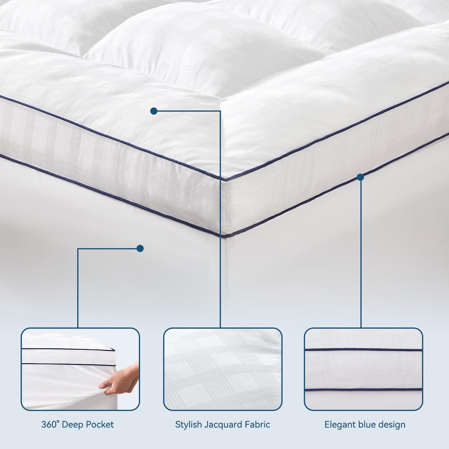 ELEMUSE Full Cooling Mattress Topper, Extra Thick 1300gsm Mattress Pad for Back Pain Relief, Plush 500TC Cotton Pillow Top with Deep Pocket, Overfilled with Mixed Advansa Down Alternative Filling