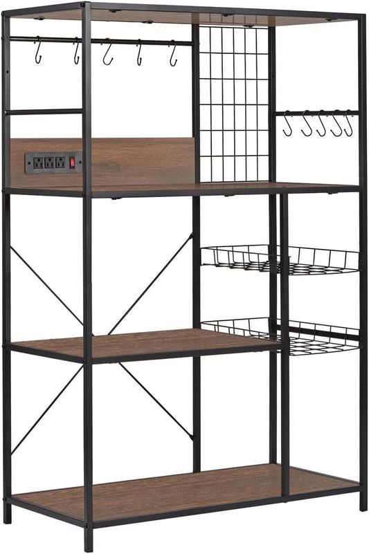 Bakers Rack with Power Outlet, Microwave Stand with Storage, Coffee Bar Organizer Cabinet with Wire Basket, Kitchen Shelf for Spices, 10 Hooks, Industrial, Brown