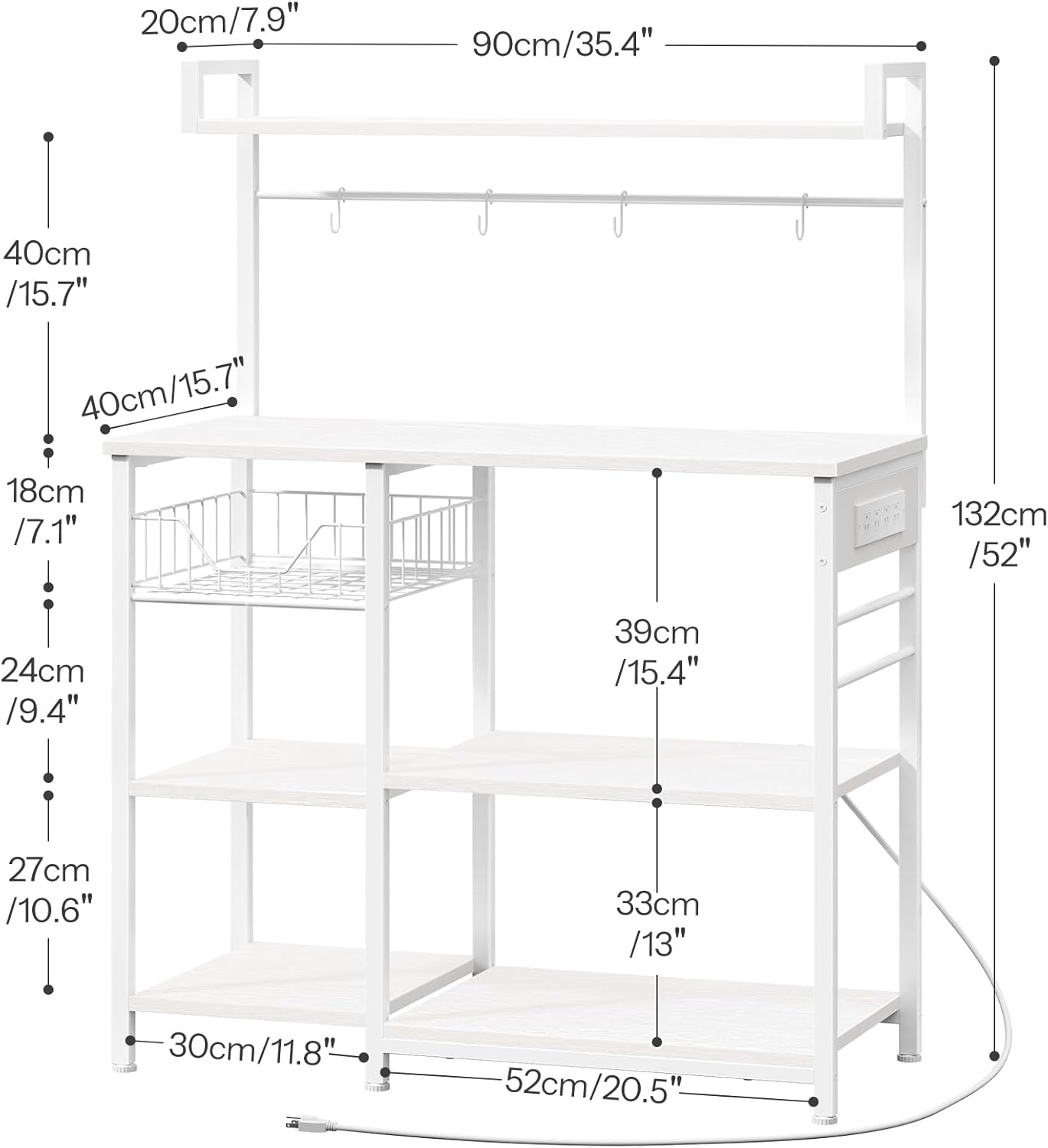 HOOBRO Bakers Rack with Power Outlet, 35.4 Inches Coffee Bar with Mesh Basket, Microwave Stand with 4 S-Shaped Hooks, Kitchen Bakers Rack with Storage, Easy to Assemble, White WT05HB01