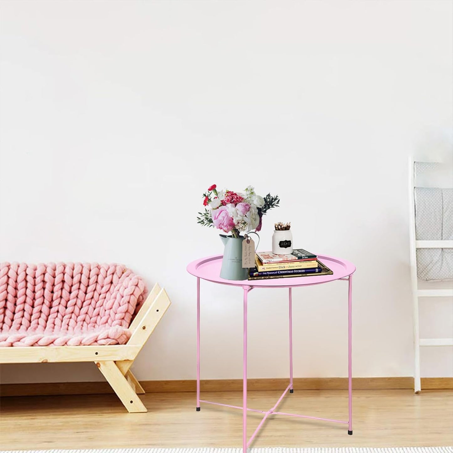 Garden 4 you End Table Set of 2, Outdoor Side Table, Small Patio Table Metal Side Table, Round Folding Side Table, for Outdoor and Living Room,Pink