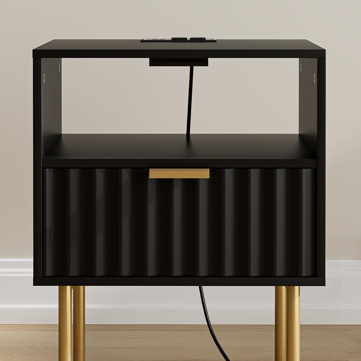 Masupu Nightstand with Charging Station,Mid-Century Modern Bedside Table with Storage Drawer and Open Wood Shelf,Small Gold Frame Side Table for Bedroom,Living Room (Black Fluted)