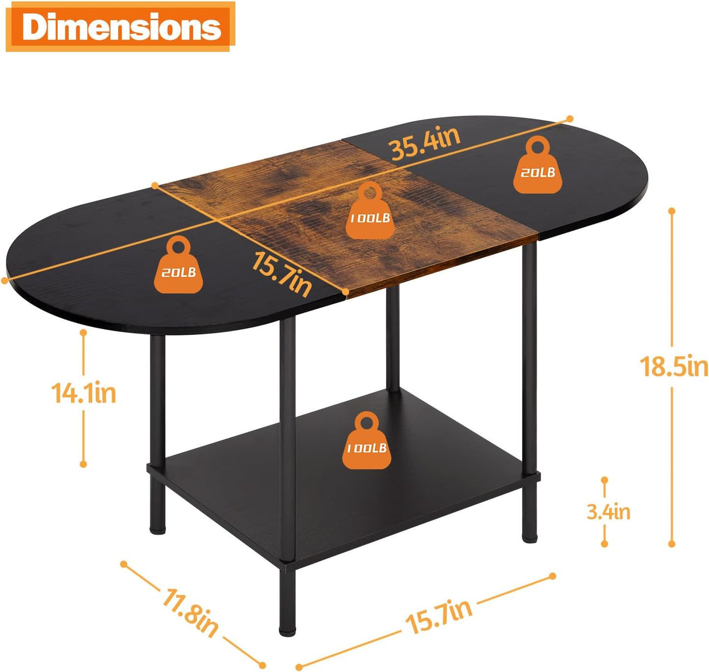 Coffee Tables for Living Room,2-Tier Small Oval Center Table Industrial Modern Style Coffee Tables with Storage Shelf and Wood Tabletop for Small Space,Home Office,Brown & Black